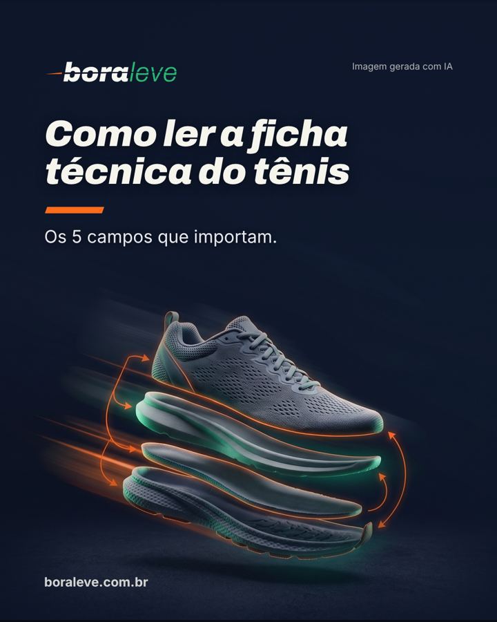 Capa do guia Como ler a ficha técnica do tênis de corrida. Imagem gerada com IA.