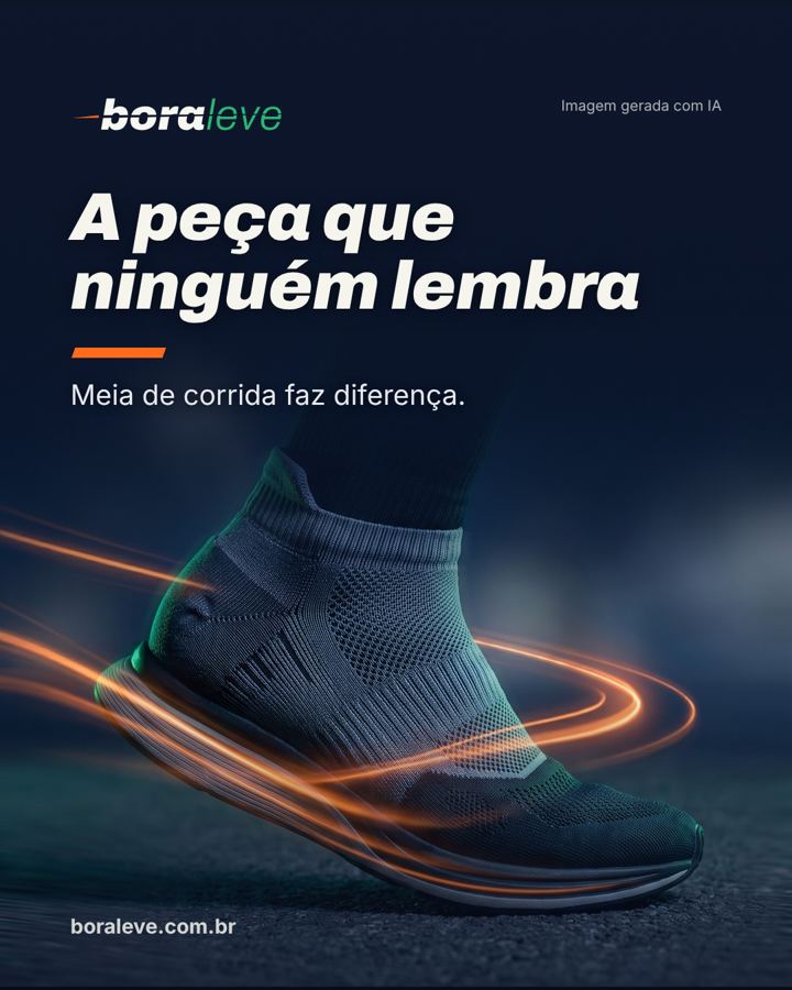 Capa do guia Meia de corrida: o que olhar no tecido, na costura e na altura. Imagem gerada com IA.